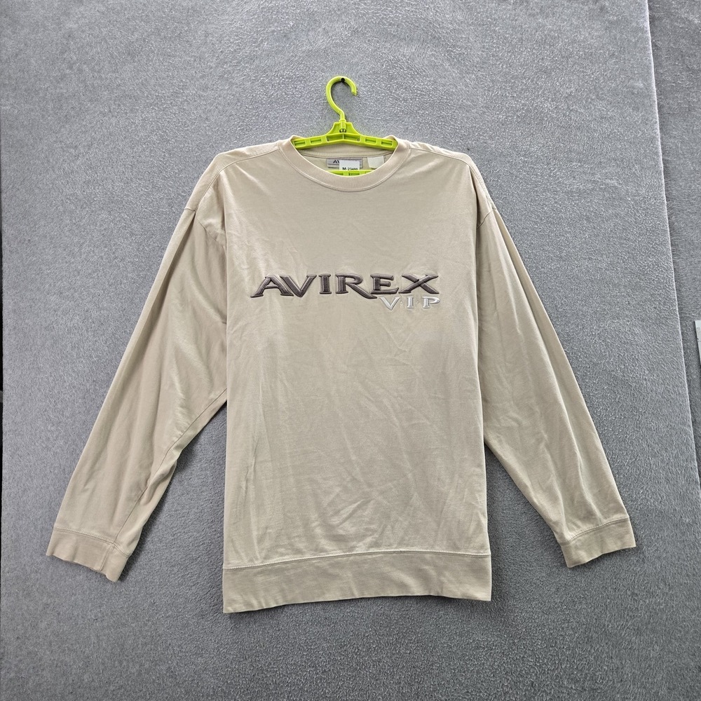 AVIREX Men Shirt 2XL Beige Embroidered Logo Text Long Sleeve
